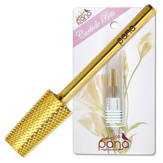 PANA Tapered Barrel Carbide 3/32" Shank Size - (Gold, Extra Fine Grit) - Fast remove Acrylic or Hard Gel Nail Drill Bit for Manicure Pedicure Salon Professional or Beginner