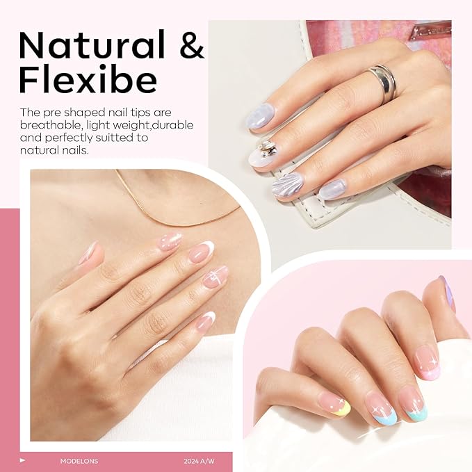 modelones Gel Nail Kit Short Oval Round, Upgrade 510Pcs Fake Nails 15Sizes, 9-in-One Glue Prep Dehydrator & Mini U V Light Clipper, Pre-shaped Half Matte Press on Oval Tips for Extension DIY Salon