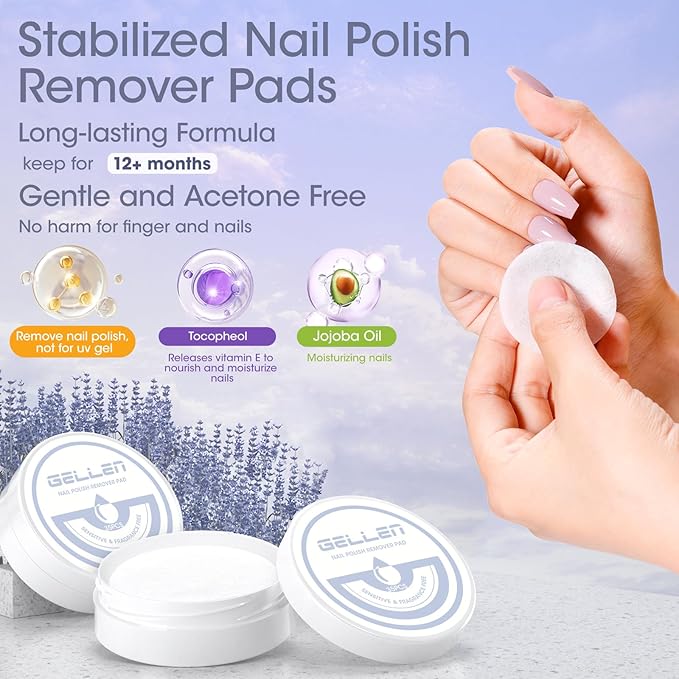 Gellen Non Acetone Nail Polish Remover Pads, Fragrance Free Nail Polish Remover Wipes, No Drying Formula Vitamin E & Jojoba Oil, 140pcs Travel Size Bulk Set, No Leakage, Long-lasting For 12+ Months
