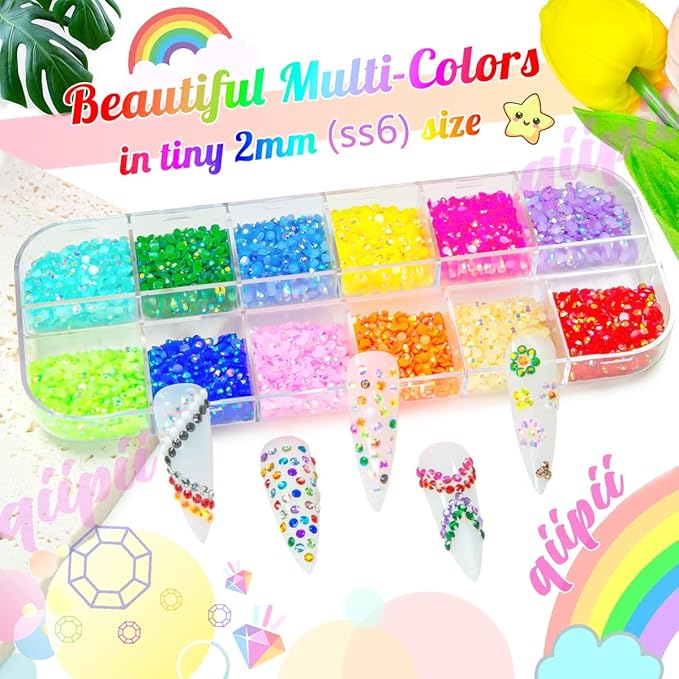 12 Colors 2mm Small Jelly Resin Rhinestones Rainbow Colorful Flatback Tiny Stones Gems Diamonds Crystals Charms for Nails Eyes Face Makeup Crafting Tumblers Bottles Crafts Shoes Clothes Phones