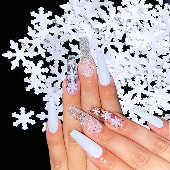 White Snowflake Nail Art Glitter Sequins, 3D Winter Christmas Sparkly Nail Flakes Designs, Shiny Confetti Acrylic Supplies for Women Manicure Charms Holiday Decorations