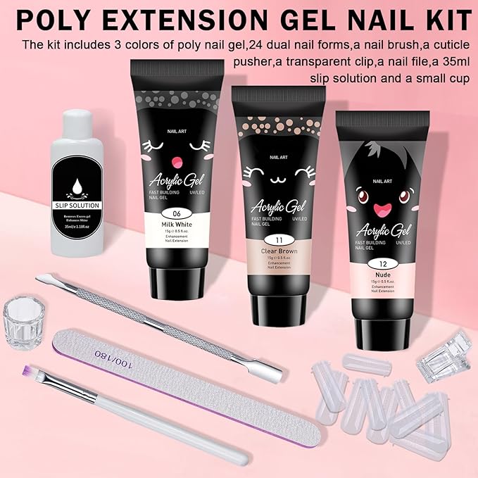 Poly Nail Gel Kit,10PCS Nude Poly gel Nail Kit Starter Kit,Kit De Poly gel Para Uñas Completo,with Slip Solution Dual Nail forms - Set B（Nude）