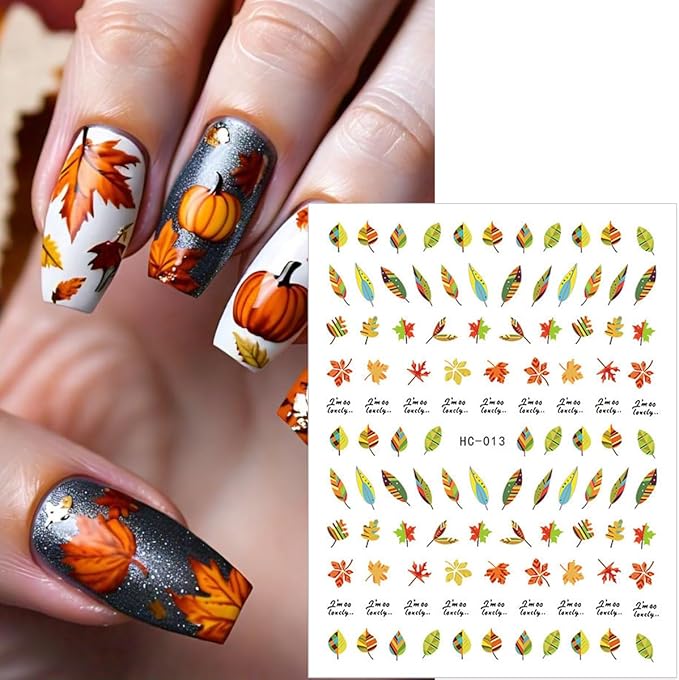 8 PCS Fall Nail Stickers for Nail Art 3D Self Adhesive Autumn Maple Leaf Design Nail Art Decals Thanksgiving Day Salon Accessories Cute Manicure Sticker for Women Holiday DIY Acrylic Nails