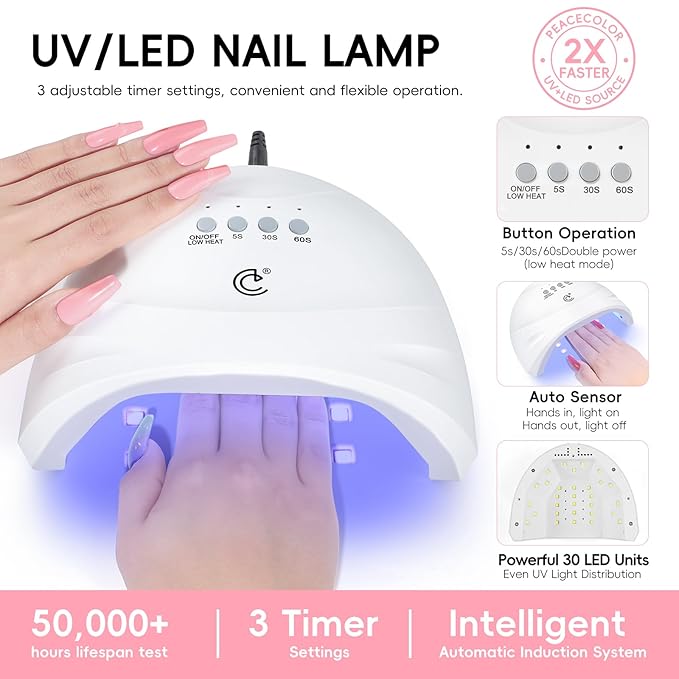 PEACECOLOR 53PC Gel Nail Polish Kit with U V Light and Drill, 35 Colors All Season Gel Polish Set Starter Kits with 5pc Matte Glossy Glitter Base Top Coat Complete Manicure Tools Home Salon Women