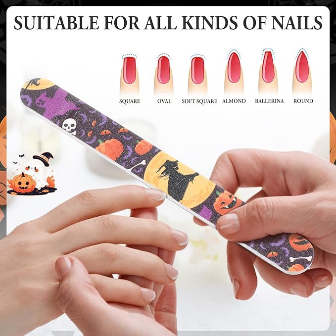 100 Pcs Halloween Nail Files Gift for Women 7 Inch Large Emery Board Nail File for Natural Nails Double Sided 180 Grit Pumpkin Bat Spider Skull Emery Board Manicure Tools for Party Supplies