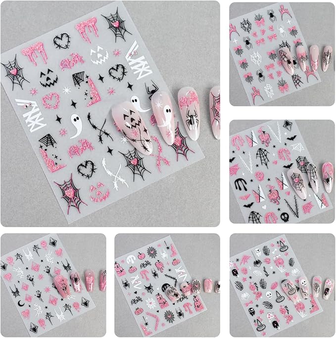6 Sheets Halloween French Nail Stickers for Nail Art Cute Ghost Spider Web Bat Nail Decals Pink Glitter Pumpkin Blood Nail Design Stickers 3D Self-Adhesive Holiday Nails Art Supply for Women Manicure