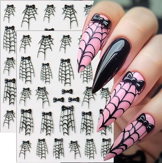 5D Halloween Nail Stickers Spider Web Nail Art Stickers Spider Bow Nail Decals Self Adhesive 3D Nail Design Sticker Cobweb Nails Decorations for Women Girls Manicure Accessories Supplies 2Pcs