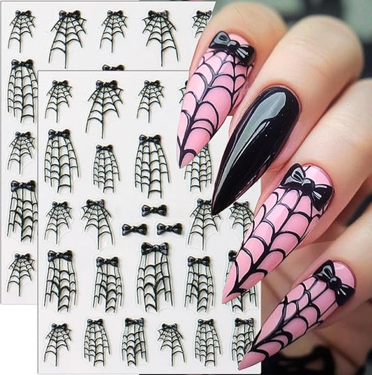 5D Halloween Nail Stickers Spider Web Nail Art Stickers Spider Bow Nail Decals Self Adhesive 3D Nail Design Sticker Cobweb Nails Decorations for Women Girls Manicure Accessories Supplies 2Pcs