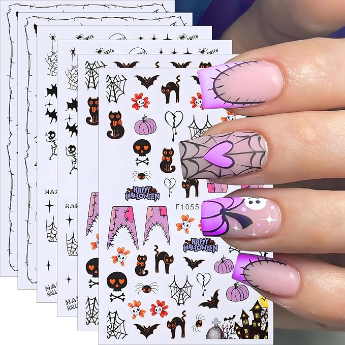 Halloween Nail Art Stickers, Cute Cat Nail Decals 3D Self-Adhesive with Spider Bat Pumpkin Flower Skull Spider Web Design 6Pcs Halloween Nail Art Supplies for Women Nail Decoration