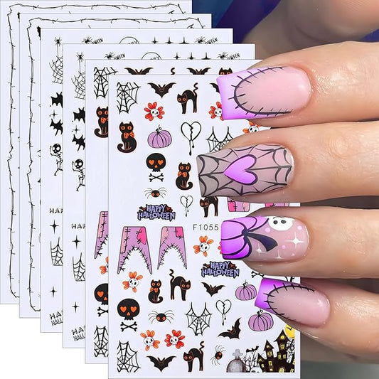 Halloween Nail Art Stickers, Cute Cat Nail Decals 3D Self-Adhesive with Spider Bat Pumpkin Flower Skull Spider Web Design 6Pcs Halloween Nail Art Supplies for Women Nail Decoration