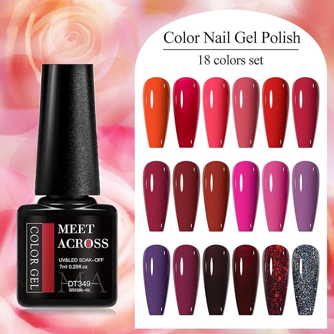MEET ACROSS 18pcs Gel Nail Polish Set Soak Off UV LED Lamp Gel Nail Polish Kit (SET-2, 18pcs)