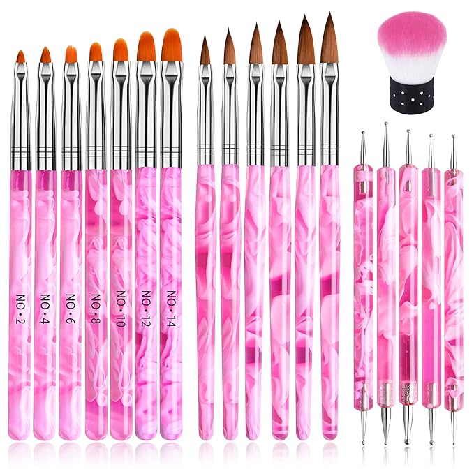 19 Pcs Pink Acrylic Nail Art Brush Set, TOROKOM UV Gel Nail Brushes for Nail Art Tips Nail Polish Builder Brush Nail Painting Brush with Nail Dotting Tool Nail Art Dust Remover Brushes for Nail Salon