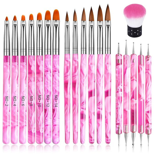 19 Pcs Pink Acrylic Nail Art Brush Set, TOROKOM UV Gel Nail Brushes for Nail Art Tips Nail Polish Builder Brush Nail Painting Brush with Nail Dotting Tool Nail Art Dust Remover Brushes for Nail Salon