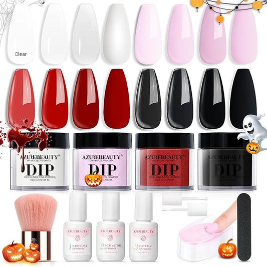 AZUREBEAUTY Dip Nails Powder Starter Kit, 4 Colors Pink Red Black Clear Dipping Powder System Liquid Set Recycling Tray with Base & Top Coat Activator Manicure Kit for Halloween Gift.
