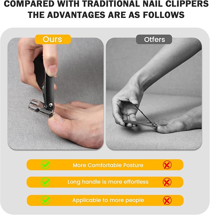 BEZOX Long Handle Toenail Clippers for Seniors – 360° Rotating Jaw Toe Nails Clipper for Thick Nails with an Ergonomic Palm-Grip, Finger Naill Clippers Adult for Men and Women - Black