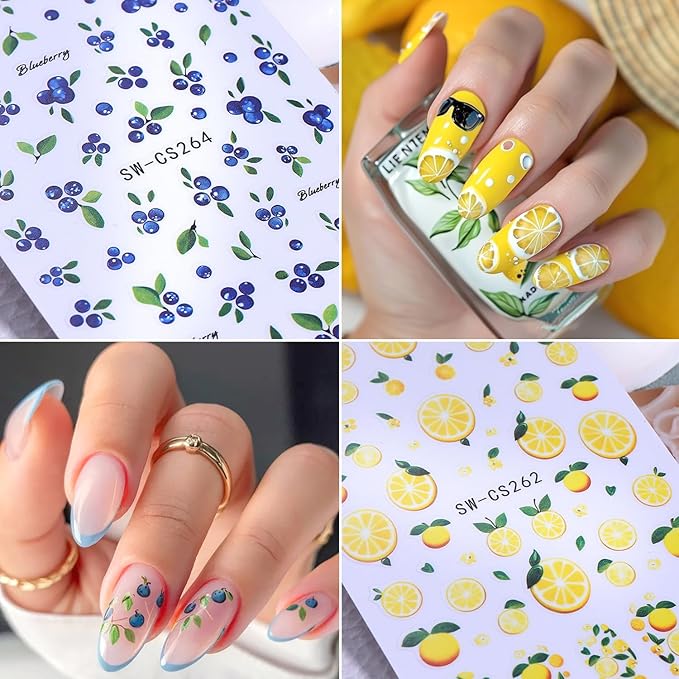 5Sheets Fruit Nail Art Stickers 3D Bohemia Fruit Design Nail Decals Self-Adhesive Flower Pattern Totem Lemon Nail Sticker Summer Strawberry Blueberry Nail Decal for Women DIY Nails Decoration Supplies