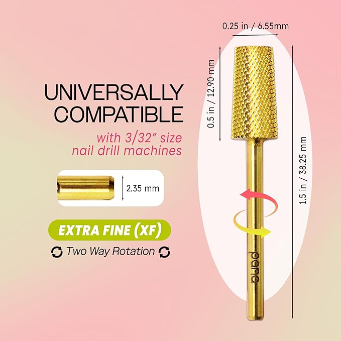 Premium Pana 3/32" Tapered Barrel Carbide Nail Bit -For Electric Dremel Drill Machine, Nail Art Design, Manicure, Pedicure, Nail File, Cuticle Clean etc. (Extra Fine Grit- Gold)