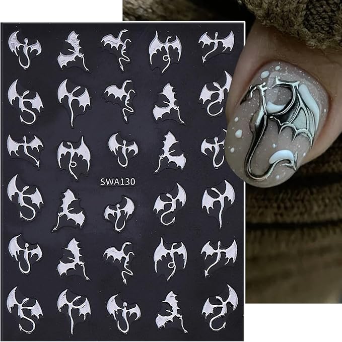 6Pcs Halloween Nail Art Stickers 3D Holographic Flying Dragon Nail Decals Self Adhesive Horror Bat Nail Stickers Laser Gold Silver Bat Dragon Design Halloween Nail Supplies for Women Holiday Manicure