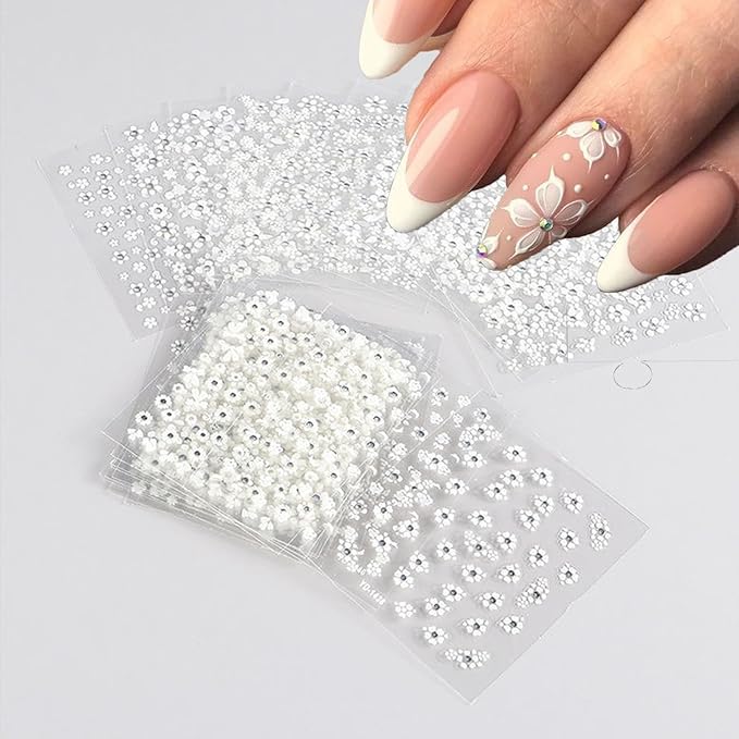 30 Sheets White Flower Nail Art Stickers with Rhinestones Designs - 3D Self Adhesive Nail Decals for Women & Girls