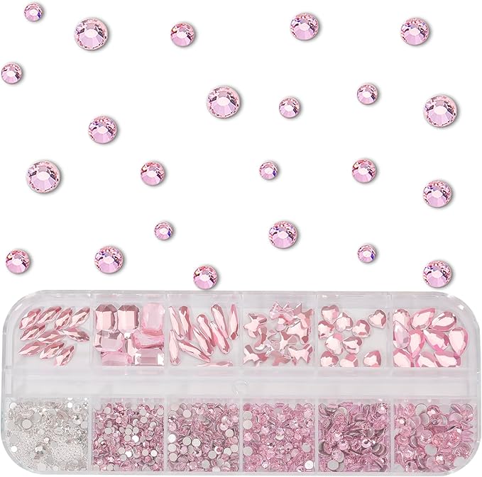 Multi Shapes Light Pink 3D Glass Crystal Nail Rhinestones Kit Mix 0.8mm Silver Nail Round Beads Charm Flatback Gems 5 Grids Flatback Rhinestones Stone Diamond for Manicure Makeup DIY Decoration