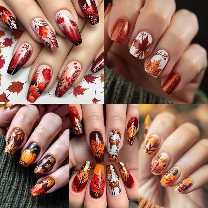 Fall Nail Art Stickers Decal 3D Maple Leaf Elk Pumpkin Self-Adhesive Nail Decals Thanksgiving Nail Stickers for Women DIY Manicure Autumn Party Nail Decorations Supply 6 Sheets