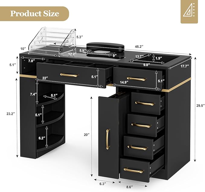 Nail Table Station with Dust Collector, Glass Top Manicure Table Nail Desk Station w/7 Drawers & 3-Tiers Open Shelves, Nail Beauty Workstation w/Wrist Cushion & Acrylic Display Rack(Black-New)