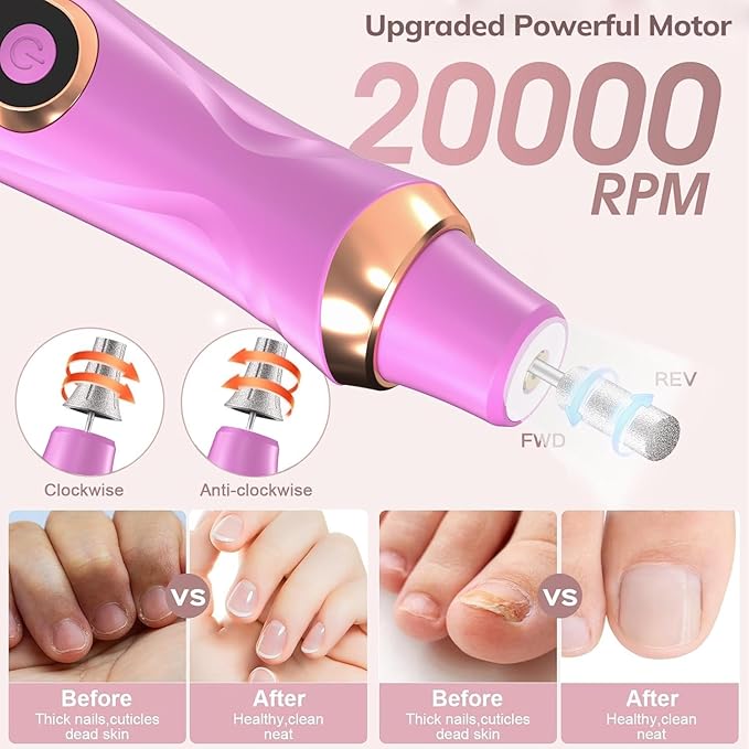 Professional Manicure Pedicure Kit Cordless Electric Nail File Set 6 Speed Cordless Nail Drill for Thick Nail Toenail Cuticle Hand Foot Care Nail Drill Tool(Purple)