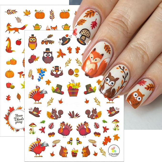 8 Sheets Fall Nail Stickers for Nail Art 3D Self-Adhesive Exquisite Maple Leaf Pumpkin Nail Decals Cute Fox Turkey Nail Design Stickers Thanksgiving Holiday Nails Art Supply for Women Acrylic Manicure