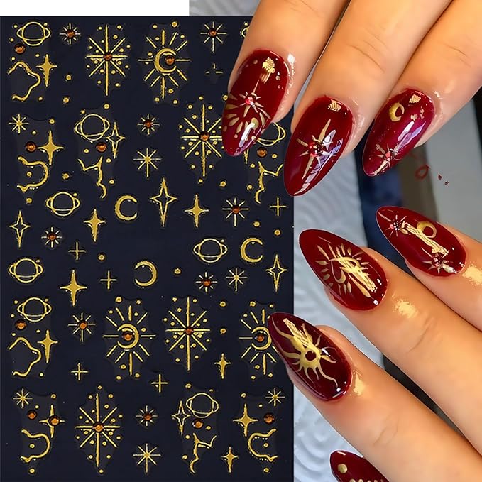 6 Pcs Gold Star Nail Stickers for Nail Art,Self-Adhesive Red Diamond Star Moon Nail Decals Star Moon Sun Pegatinas Uñas Cute Stars Nail Design Stickers Nail Art Supplies for Women Nail Decorations