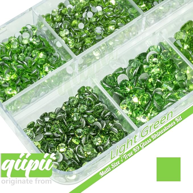 2550pcs Light Green Nail Art Flatback Rhinestones for Face Makeup & DIY Crafts - Grass Green Nail Gems & Gemstones K9 Glass SS4SS20 6 Sizes Diamonds Stones Crystals w Tweezer & Picking Pen