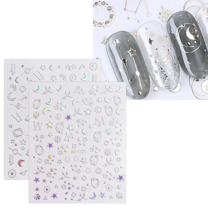 JMEOWIO 12 Sheets Aurora Nail Art Stickers Decals Self-Adhesive Pegatinas Uñas Glitter Holographic Star Heart Nail Supplies Nail Art Design Decoration Accessories