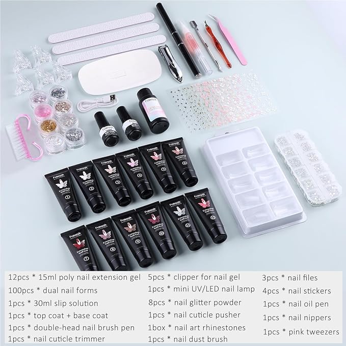 Poly Gel Nail Kit with UV Light, 12 Colors Builder Gel Nail Extension Kit for Beginners with Everything, Dual Nail Forms Slip Solution Chunky Glitter Poly Gel Nail Art Design Starter Kit