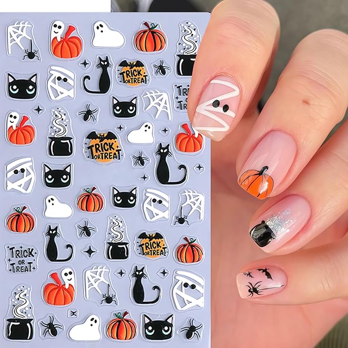 8 Sheets Cute Ghost Nail Stickers for Nail Art,5d Embossed Cute Ghost Nail Art Stickers Self Adhesive Pumpkin Spider Web Nail Decals Skeleton Flower Manicure Sliders for Women Nails Decorations