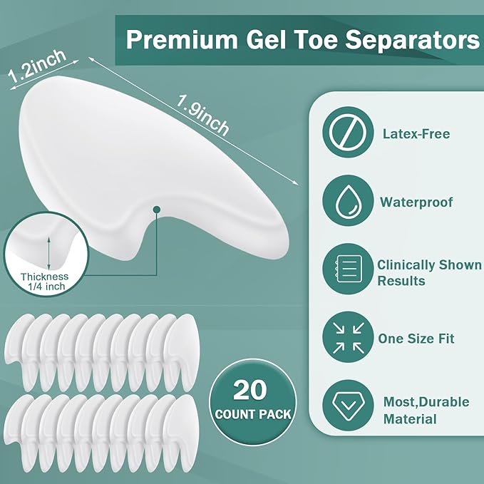 Honeydak 20 Pack Gel Toe Spacers Toe Spacer Relieves Bunions Corns Blisters Rubbing Overlapping Washable Big Alignment Corrector Reusable Covers Foot Care Insoles for Women and Men