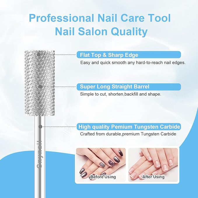 3/32" Large Barrel Bit Tungsten Carbide Nail Drill Bit Safety Bit for Gel & Acrylic Removal, 2- Way Rotating Efile Tip, Salon Electric File Accessory (M Girt, Silver)