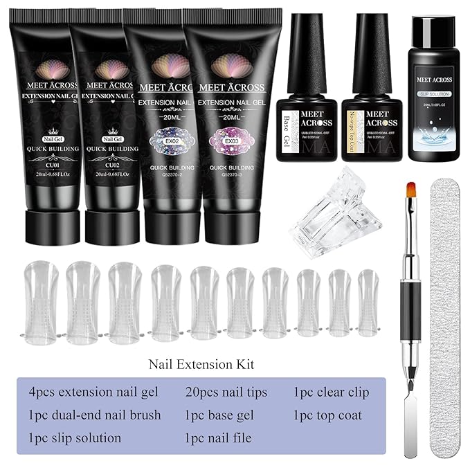 MEET ACROSS Poly Nail Gel 10Pcs Nail Extension Gel Set and Nail Extension Starter Kit for Beginners Nail Art DIY Home Gifts for Women (Glitter-2, 12pcs)