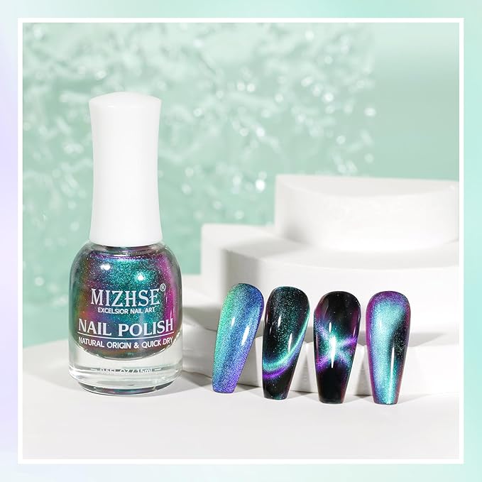 MIZHSE Quick Dry 9D Cat Eye Nail Polish Non Gel, Green to Purple Magnetic Nail Polish with Magnet, Air Drying Fast Cateye Nail Lacquer Galaxy Effect Manicure Home Gift for Women 15ml