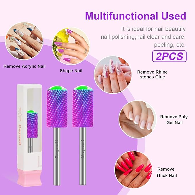 3/32" 2PCS Large Barrel Smooth Round Top Tungsten Carbide Nail Drill Bit Safety Bit for Gel & Acrylic Removal, 2-Way Rotating Efile Tip, Salon Electric File Accessory (F Grit, Purple)