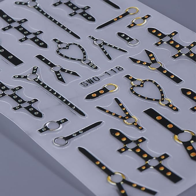 2 Sheets Gothic Nail Stickers for Nail Art Black Punk Belt Nail Design Decals Embossed Gold Silver Rivet Belt Nail Art Stickers 5D Self-Adhesive Halloween Nail Decals for Women DIY Manicure Supplies