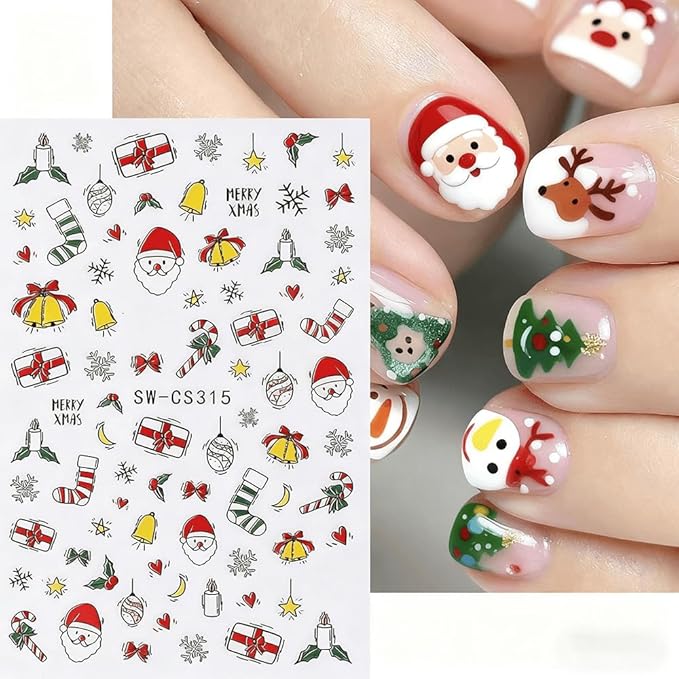 6Pcs Christmas Nail Stickers Gift Box Lollipop Christmas Berry Nail Decals DIY Self Adhesive Santa Claus Socks Cute Design Nail Decoration Supplies Holiday Manicure Accessories for Women Girls