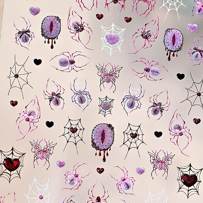 Halloween Nail Art Stickers 5D Embossed Pink Purple Spider Eye Nail Stickers Design Spider Web Heart Nail Decals Nail Art Supplies for Women Acrylic DIY Nail Decorations 1Pc