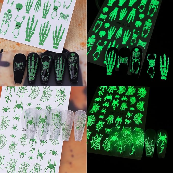 Halloween Nail Art Stickers Decals Horror Skull Spider Web Nail Decals Glow in The Dark Halloween 3D Self-Adhesive Nail Stickers for Nail Art DIY Manicure Tip Holidays Nails Decoration 4 Sheets