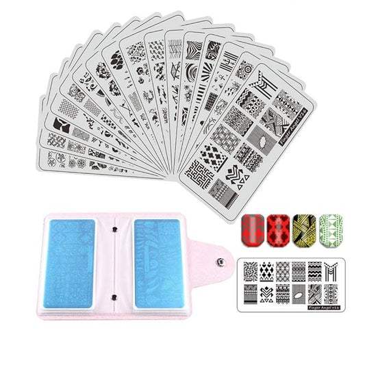 21Pcs Nail Stamp Plate Set 16Pcs Mix Design Stamping Nail Art Plate + 2Nail Stamper + 2Scraper+1Pcs Case Nails Art Stamping Plate Scraper Stamper Set Leaves Flowers Nail Plate