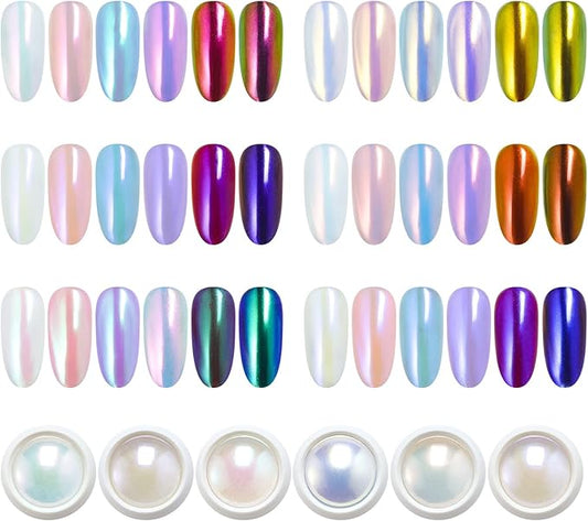 Artdone 6pcs Chrome Nail Powder White Pearl Unicorn Mermaid Aurora Nail Powder,Iridescent Chameleon Effect Nail Color Metallic Mirror Chrome Powder Kit for Nail Art Gel Polish kit