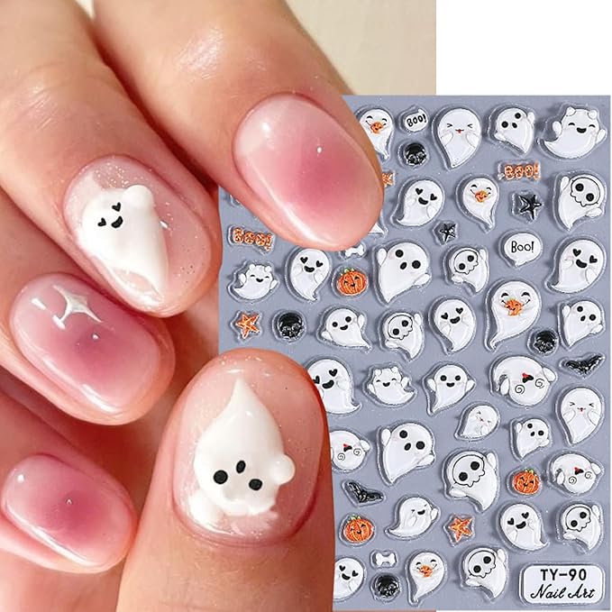 1 Sheets 5d Embossed Ghost Nail Decals for Nail Art Self-Adhesive Scary Halloween Nail Stickers Cute Pumpkin Nail Art Stickers Horror Bat Skull Nail Design Decals for Women Holiday Nails Decorations