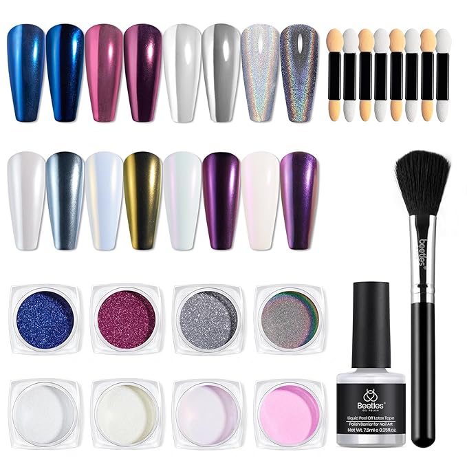 Beetles Chrome Nail Powder 8 Colors Metallic Mirror Effect Chrome Nail Powder with Liquid Latex Tape Kit,White Silver Pigment Iridescent Mermaid Glitter Pink Blue, Gel Polish Decoration Gift for Women