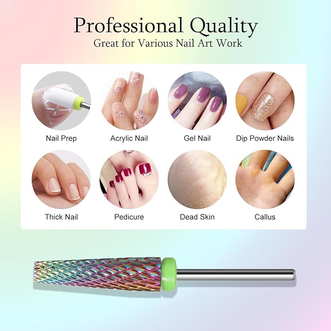 Super Long 5 in 1 Nail Drill Bits,Two Way Rotary Nail Cleaner Carbide Tungsten Nail Bits, Suitable for Manicure Pedicure Cuticle Gel Polishing Acrylic Hard Gels(Rainbow, Coarse-C)