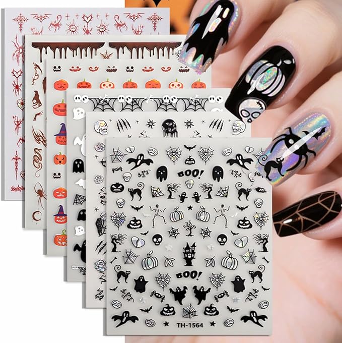 Halloween Nail Art Stickers Decals 3D Sparkly Ghost Pumpkin Self-Adhesive Nail Decals Nail Art Supplies 6PCS Spider Web Spider Black Cat Skull Bat Halloween Nails Design Transfer Sliders for Women