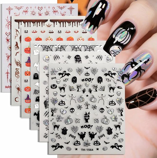 Halloween Nail Art Stickers Decals 3D Sparkly Ghost Pumpkin Self-Adhesive Nail Decals Nail Art Supplies 6PCS Spider Web Spider Black Cat Skull Bat Halloween Nails Design Transfer Sliders for Women