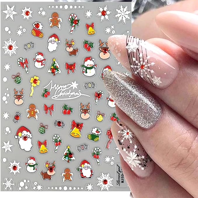 3 Sheets Christmas 5D Embossed Nail Art Stickers - White Snowflake & Santa Claus Nail Decals for Winter